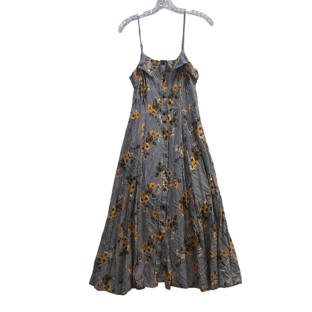 Sunflower Striped Button Front Midi Dress Yellow Sundress M Cottagecore Farmcore